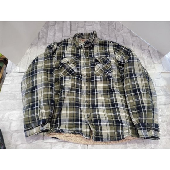 Wrangler Sherpa Lined Button Up Shirt Mens XL‎ Green Black LS Shacket - Picture 1 of 10
